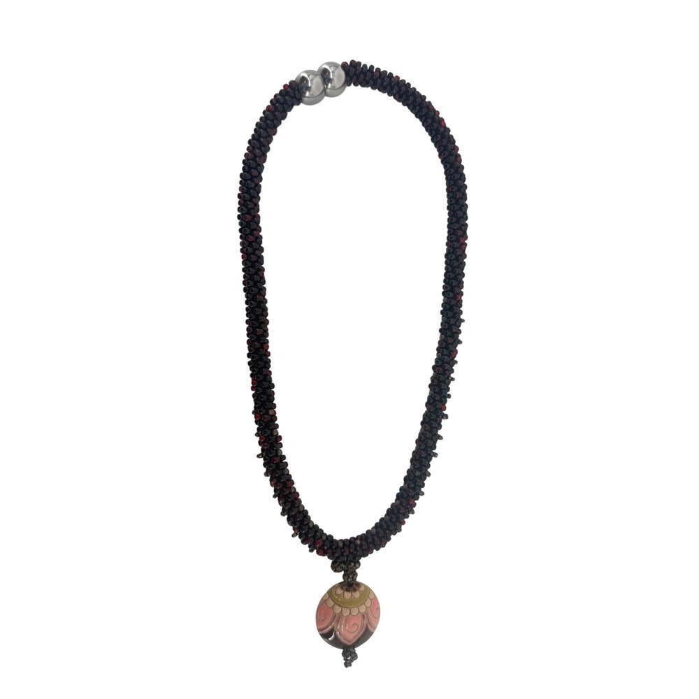 Handcrafted Beaded Rope Necklace Burgundy‎ Black Ceramic Floral Pendant Magnetic